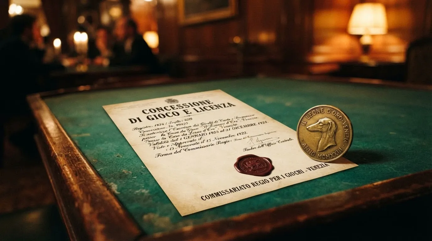Un tavolo da gioco con sopra un documento ufficiale timbrato e il simbolo di Dogecoin sulla pagina