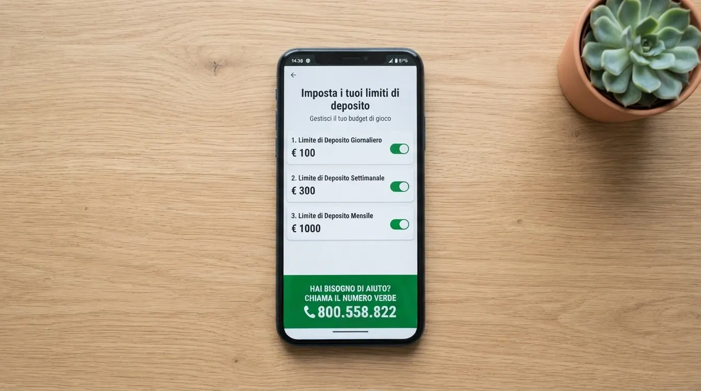 Un'interfaccia di impostazione limiti di deposito con le opzioni giornaliero, settimanale e mensile, e il numero 800.558.822 in evidenza