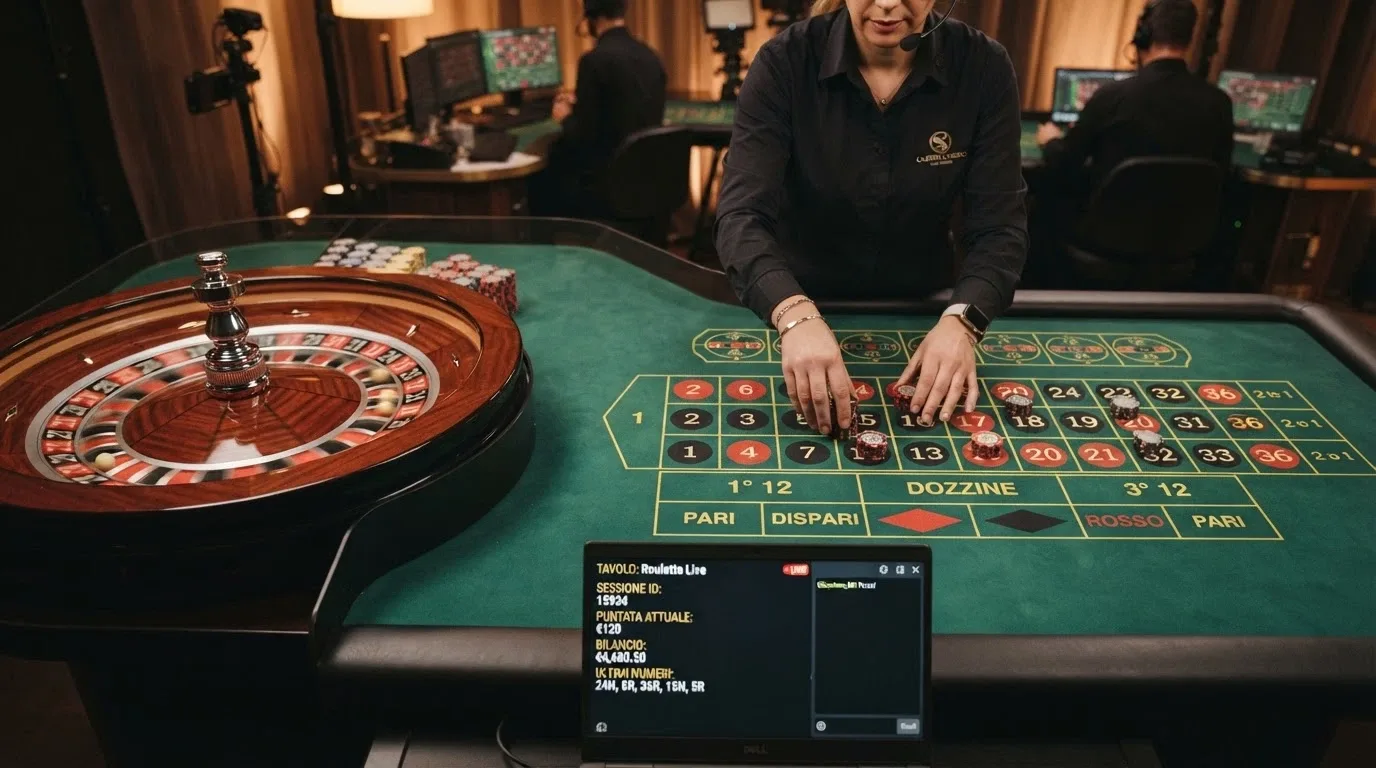 Un tavolo da roulette live con dealer reale in streaming HD, interfaccia di gioco in italiano e puntate attive