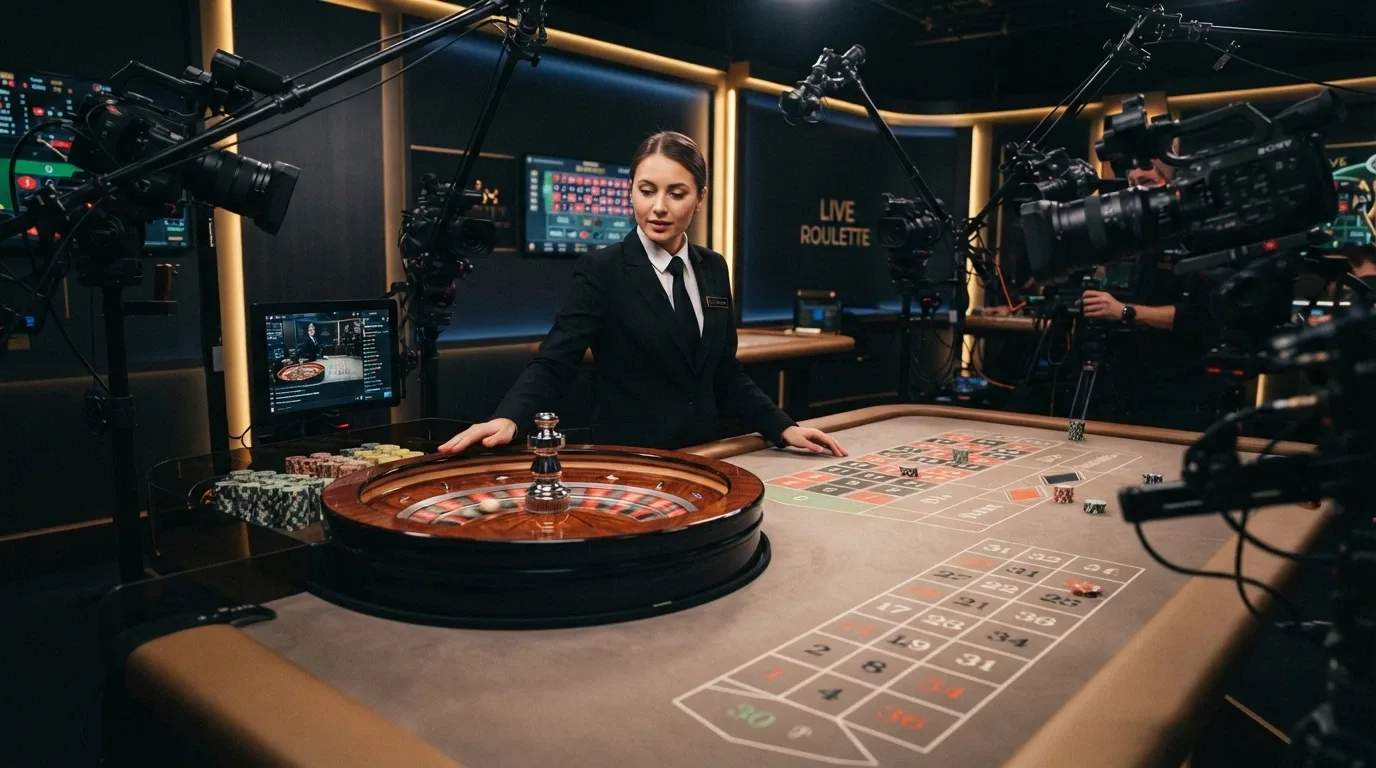 Tavolo di roulette dal vivo con croupier in uniforme in uno studio professionale Evolution Gaming