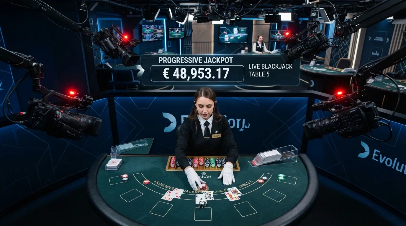 Tavolo da casinò live con croupier in streaming e interfaccia digitale con contatore jackpot sovrapposto
