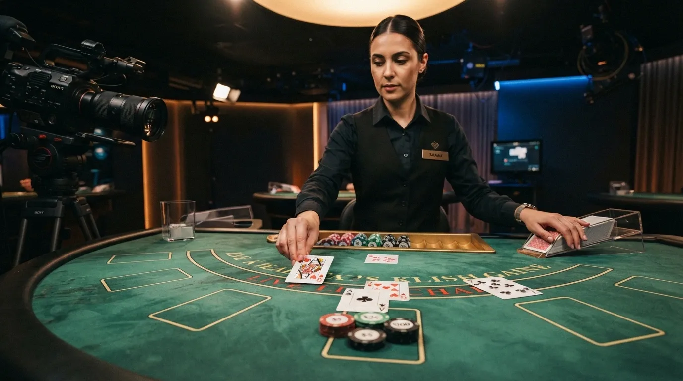 Un tavolo di blackjack live con croupier in uno studio Evolution Gaming, con l'interfaccia di gioco visibile sullo schermo