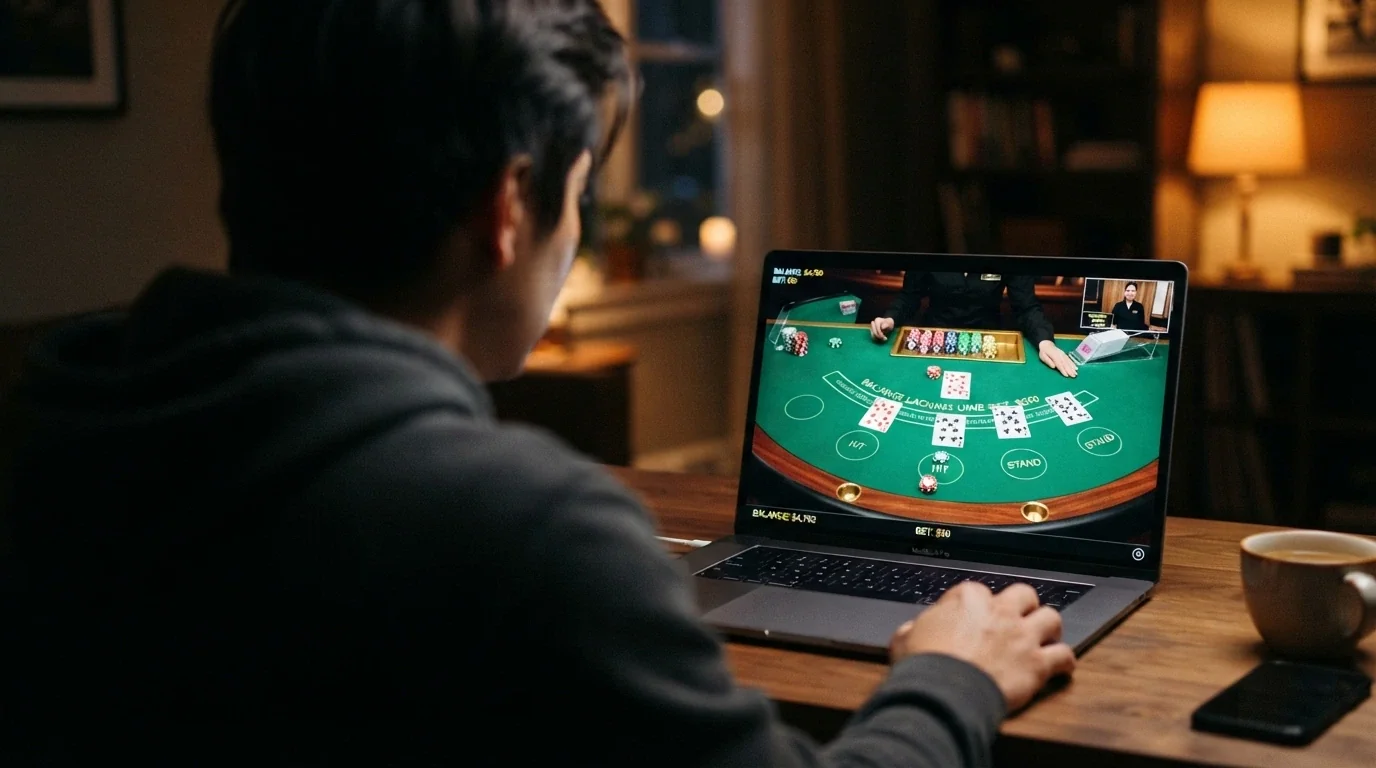 Un tavolo da blackjack inquadrato da una webcam professionale, visualizzato sullo schermo di uno smartphone con l'interfaccia touch delle puntate