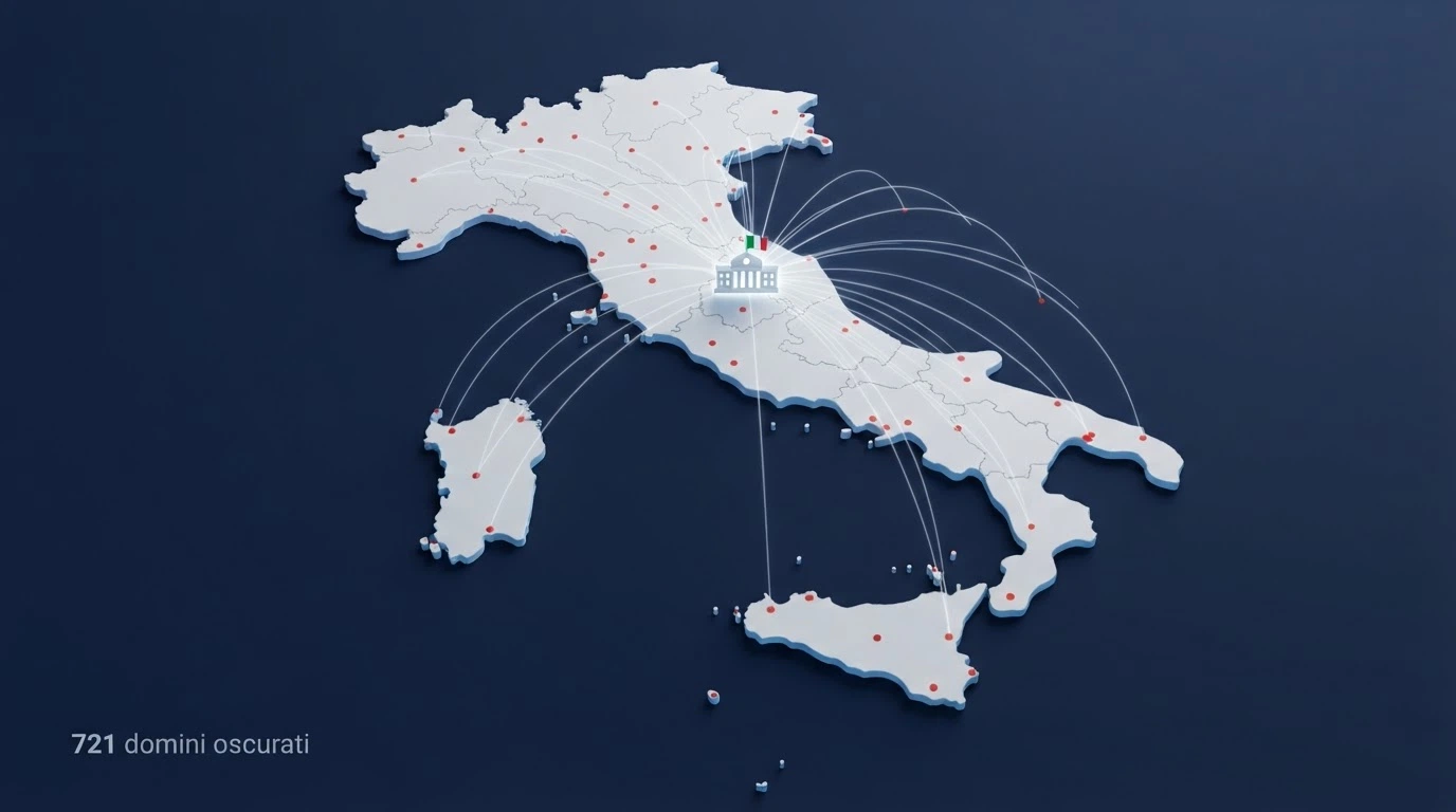 Una mappa dell'Italia con punti rossi che rappresentano i 721 siti offshore oscurati dall'ADM e frecce che indicano il blocco DNS