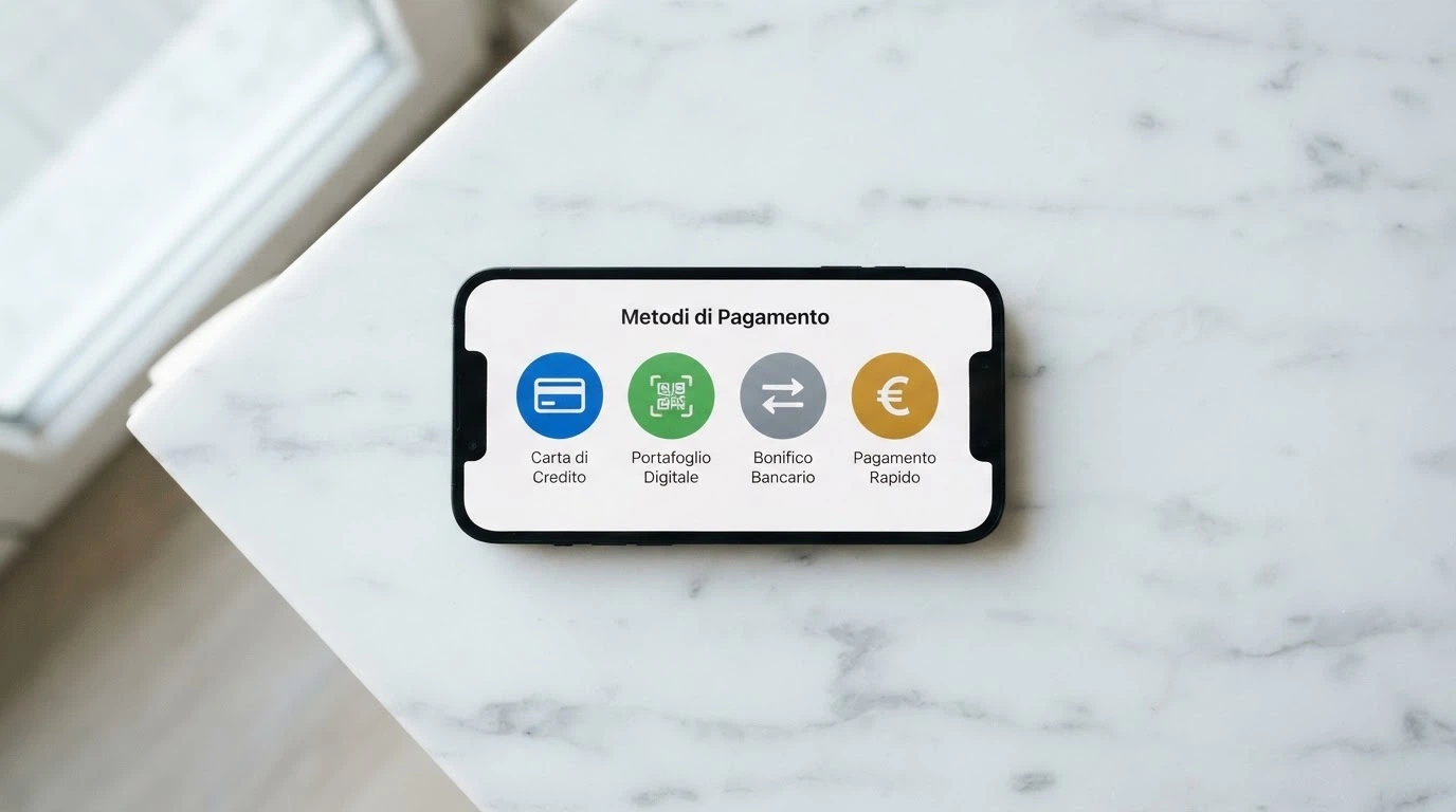 Una schermata di checkout con le icone di PayPal, carta di credito, bonifico e portafogli elettronici affiancate dai tempi di accredito