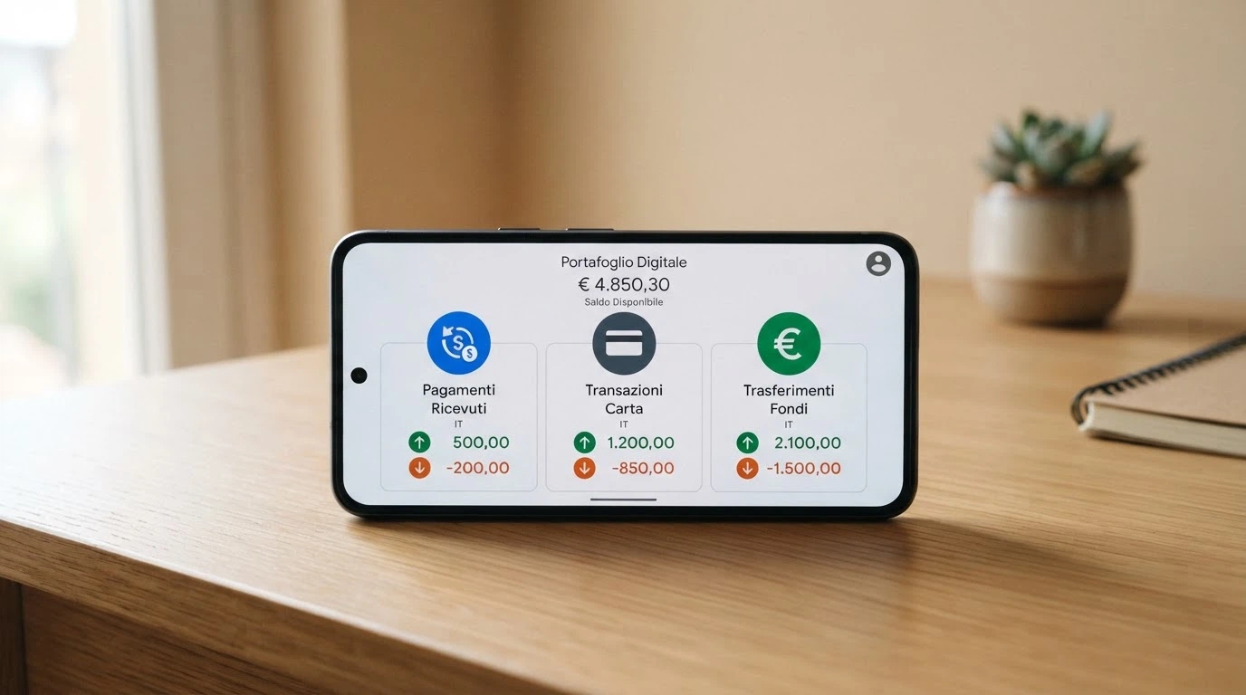 Un portafoglio digitale aperto che mostra le icone di PayPal, Apple Pay e Bancomat Pay disposte su tre colonne, con frecce verdi (deposito) e frecce arancioni (prelievo) accanto a ciascuna