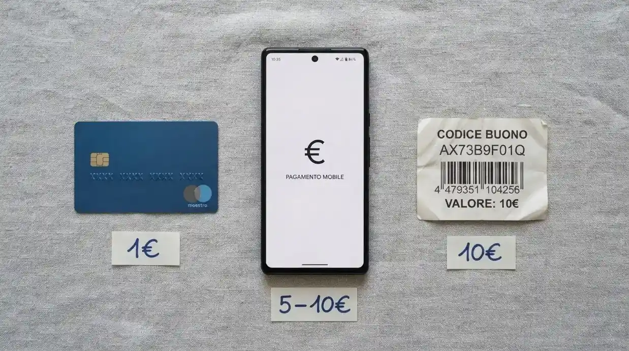 Una carta di credito, un telefono con PayPal aperto e un tagliando di ricarica fisica affiancati, con le soglie minime in euro sovrapposte a ciascuno
