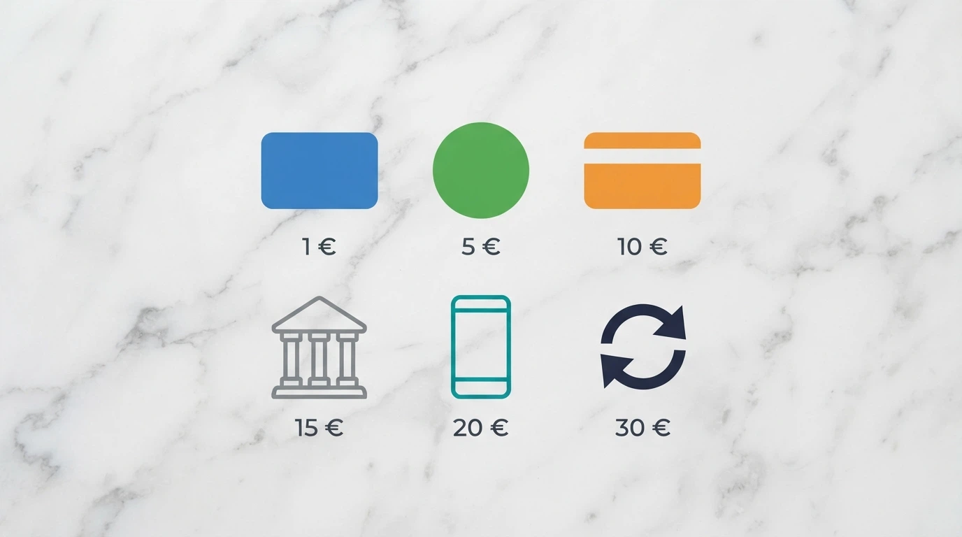 Una selezione di icone di metodi di pagamento (PayPal, Postepay, Visa, Skrill, Paysafecard, bonifico) con l'indicazione del deposito minimo sotto ciascuna