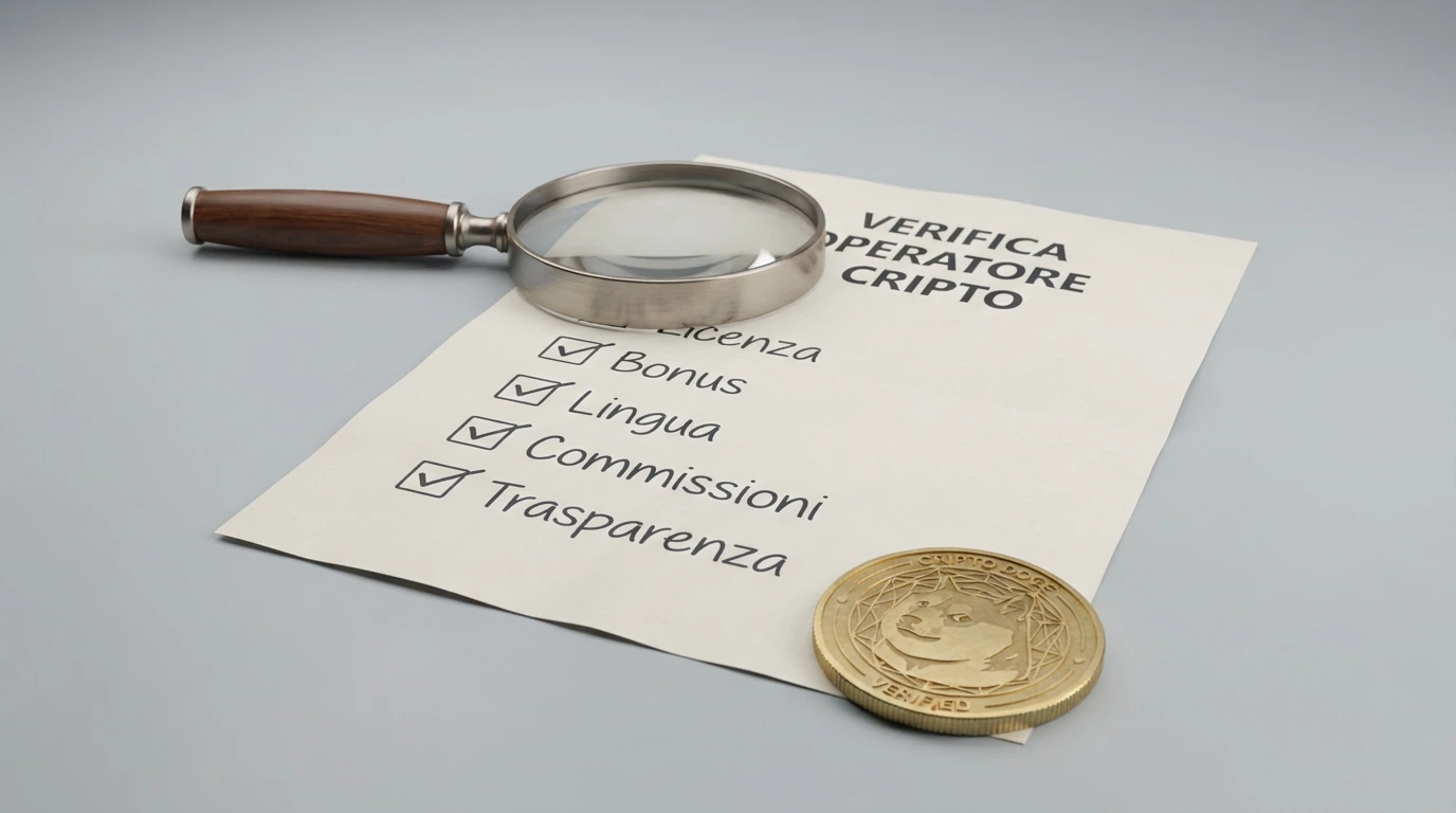 Una lente di ingrandimento su una checklist cartacea con le voci «Licenza», «Bonus», «Lingua», «Commissioni» e il logo DOGE