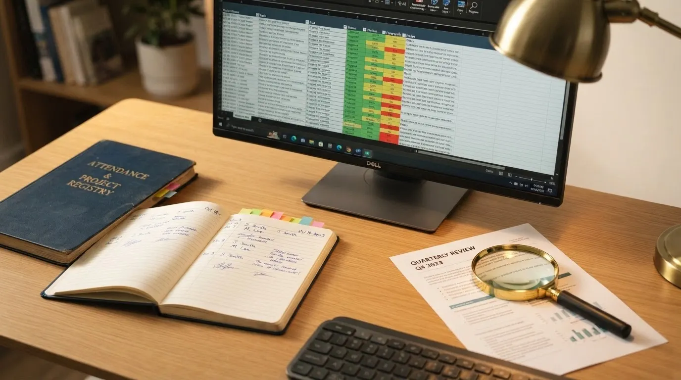 Una scrivania con un monitor che mostra un foglio di calcolo affiancato da un registro licenze aperto e una lente di ingrandimento su un estratto di termini e condizioni