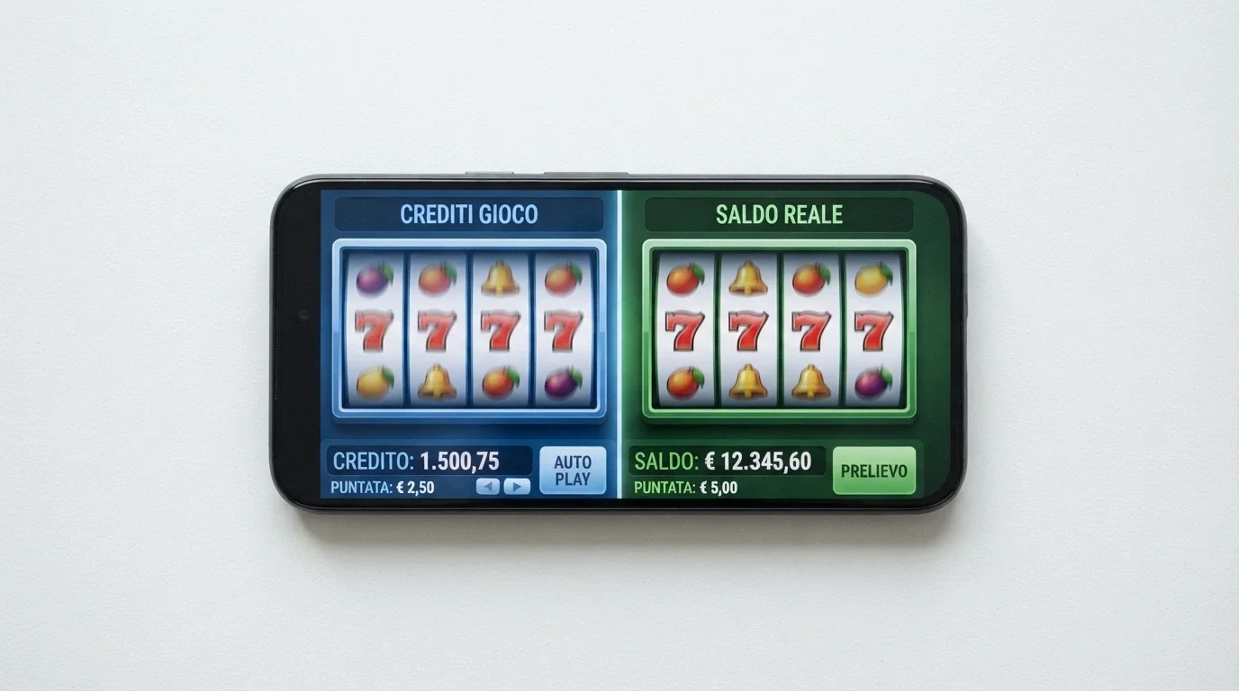 La stessa slot machine visualizzata in due modalità affiancate: a sinistra con crediti virtuali (demo), a destra con saldo reale