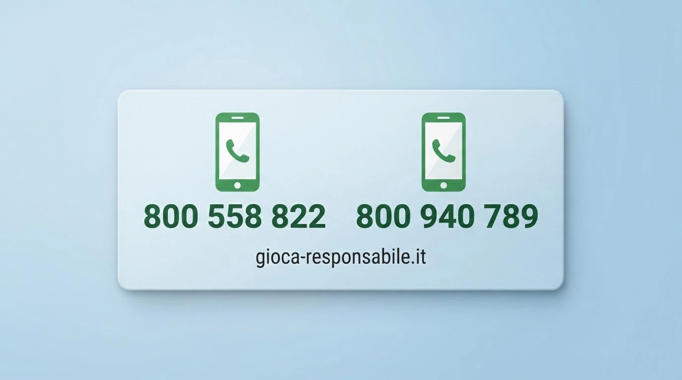 Una cornice rassicurante con due numeri verdi in grande e l'indirizzo gioca-responsabile.it, su sfondo azzurro tenue privo di elementi di casinò