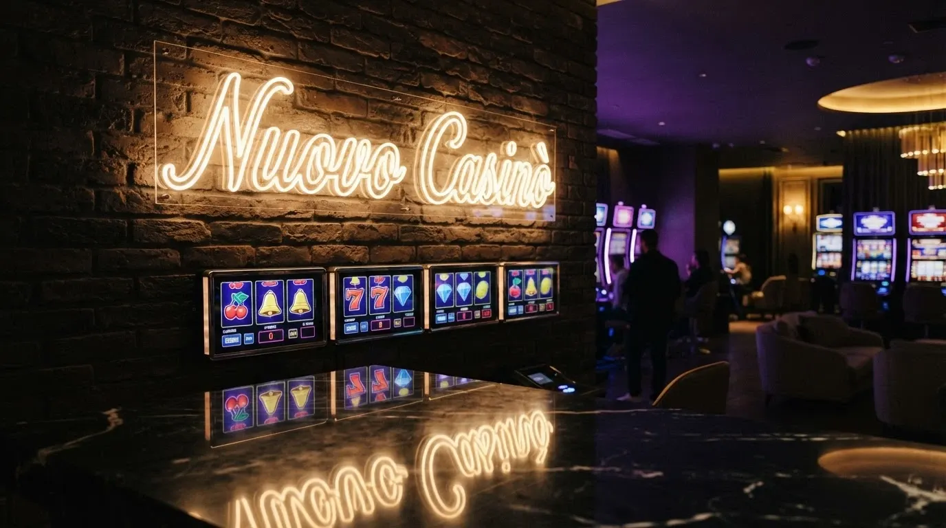 Insegna luminosa con la scritta «Nuovo Casinò ADM» e icone di slot machine con l'indicazione di giri gratis senza deposito disponibili