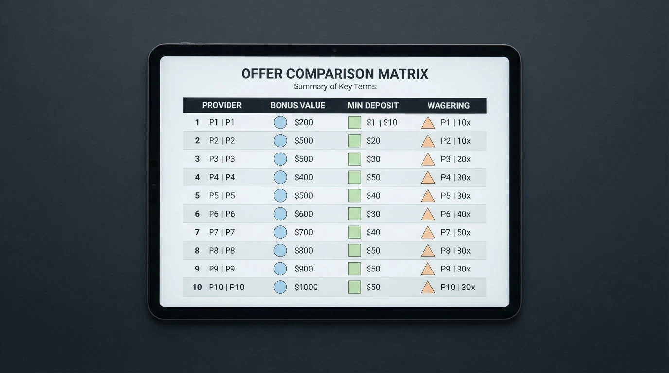 Una tabella comparativa stilizzata con 10 righe e icone che rappresentano bonus, deposito minimo e wagering — ogni riga ha il logo stilizzato di un operatore (forme geometriche astratte, non loghi reali)