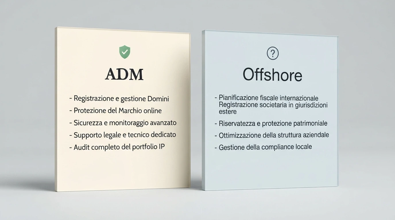 Una tabella comparativa stilizzata con due colonne: a sinistra l'intestazione «Mercato ADM» con icone di scudo e bandiera italiana, a destra «Mercato offshore» con icone di punto interrogativo e bandiera generica