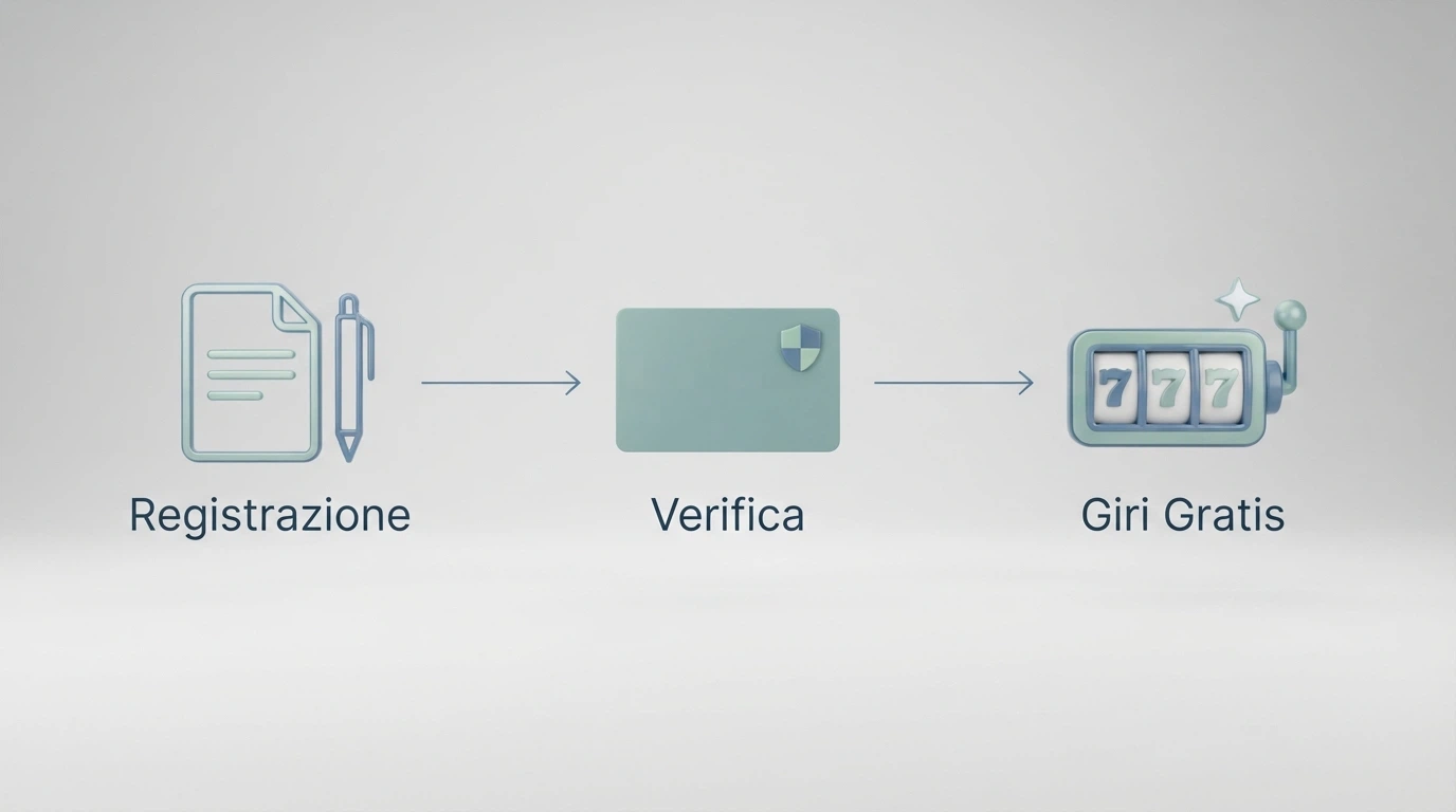 Schema a tre passaggi: registrazione del conto gioco, verifica dell'identità tramite SPID o documento, accredito dei giri gratis sul conto e utilizzo sulla slot assegnata
