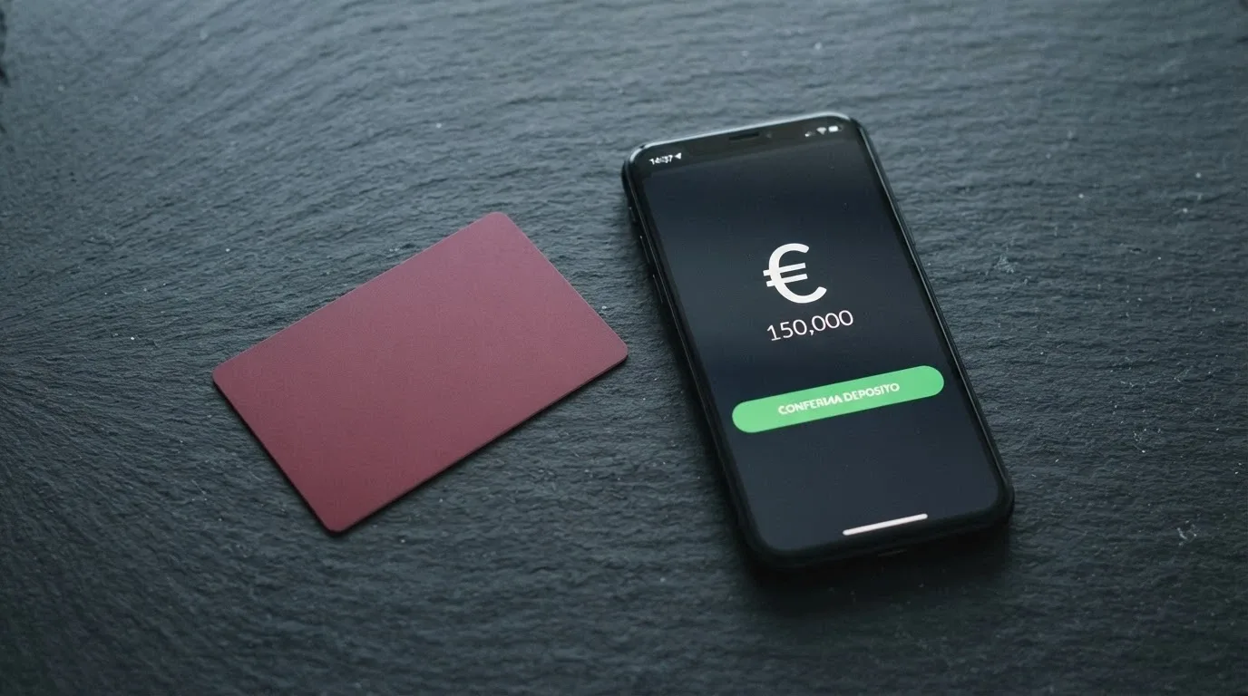Una carta PostePay appoggiata accanto a uno smartphone con la schermata di deposito di un casinò online