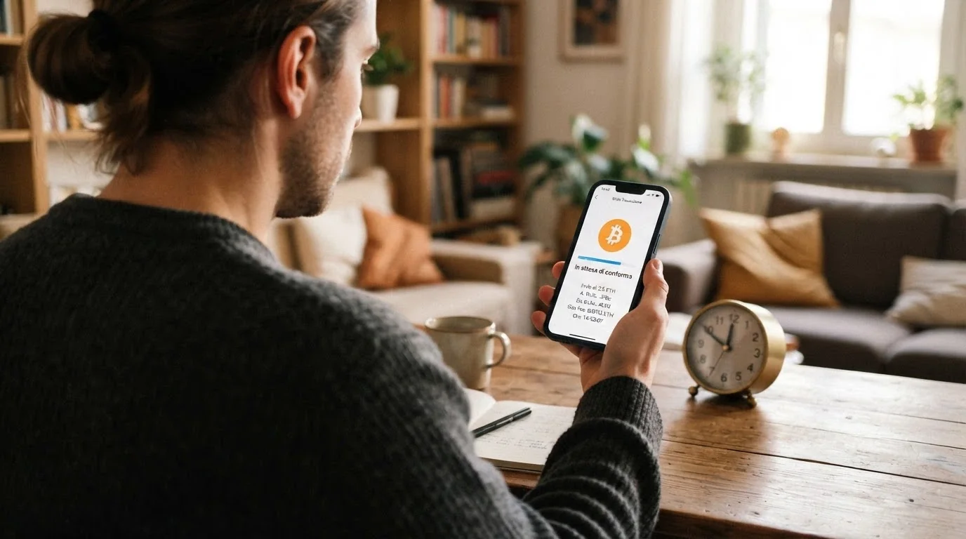 Uno smartphone che mostra una transazione Bitcoin in attesa di conferma sulla blockchain, con il logo di un casinò sullo sfondo e un orologio che indica il tempo trascorso