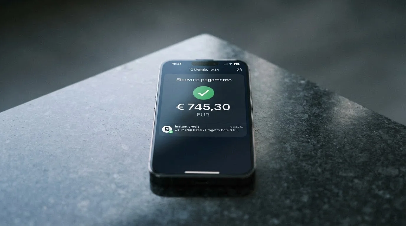 Uno smartphone con la schermata di un wallet digitale che mostra una notifica di accredito in euro appena ricevuto