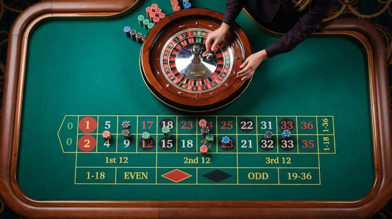Un tavolo da roulette live con il croupier che lancia la pallina nel cilindro, l'inquadratura dall'alto del tavolo e la griglia delle puntate visibile