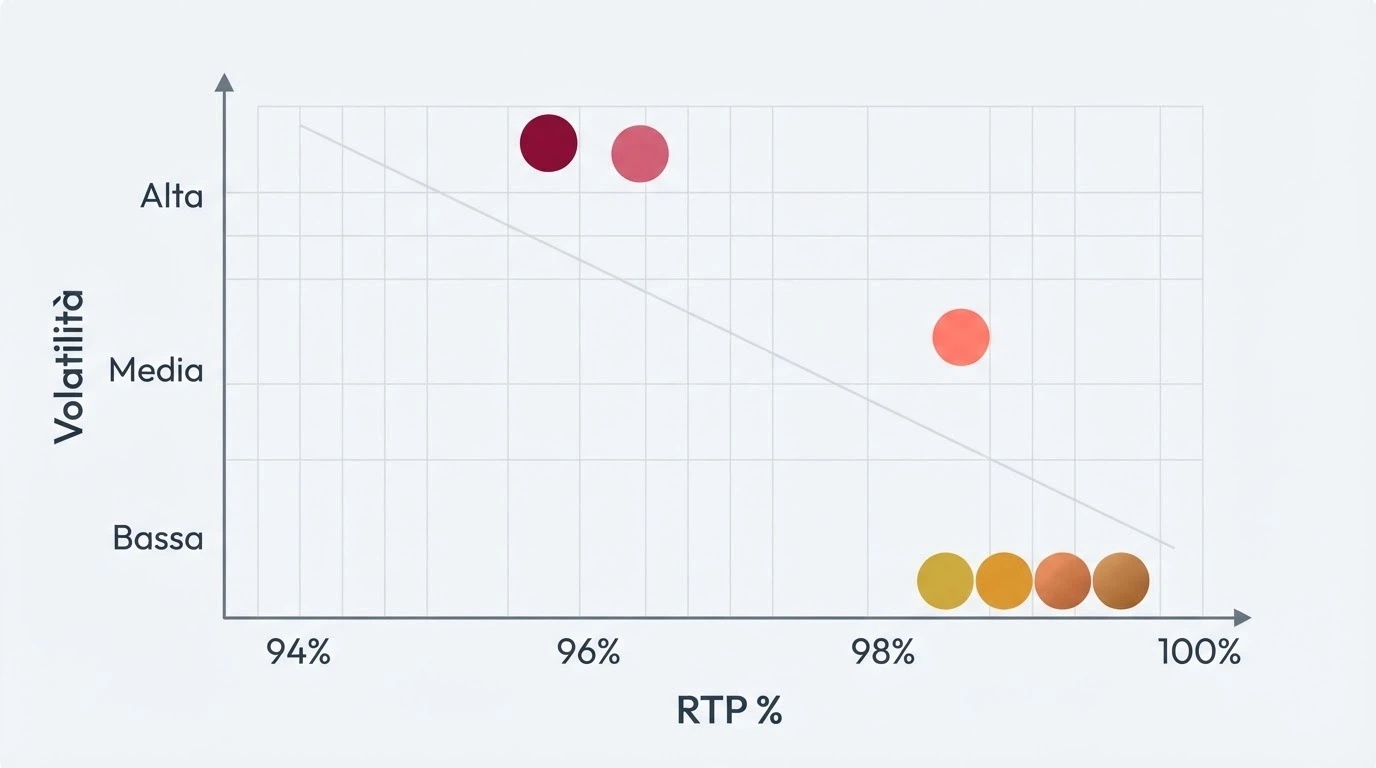 Un grafico a due assi: RTP sull'asse orizzontale e volatilità sul verticale, con le slot dell'articolo posizionate come punti, colorate per fascia