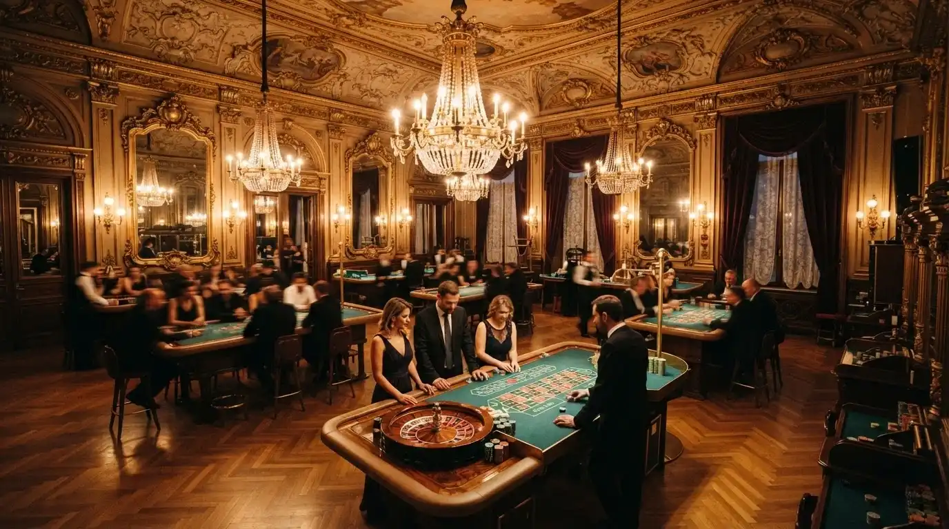Interno della sala giochi tradizionali con lampadari d'epoca, tavoli da roulette e decorazioni Liberty