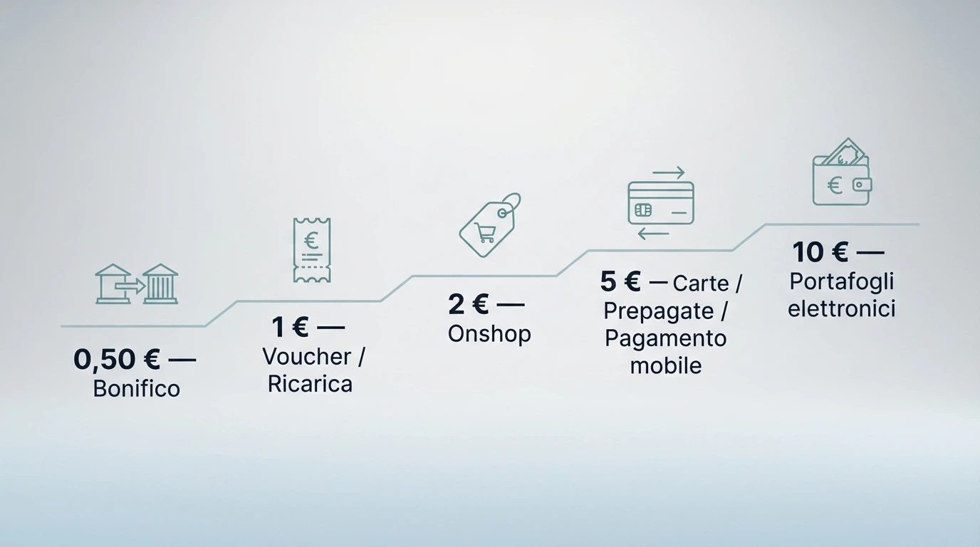 Una scala crescente di monete in euro allineate da 50 centesimi a 10 euro, ciascuna associata al logo del metodo di pagamento corrispondente