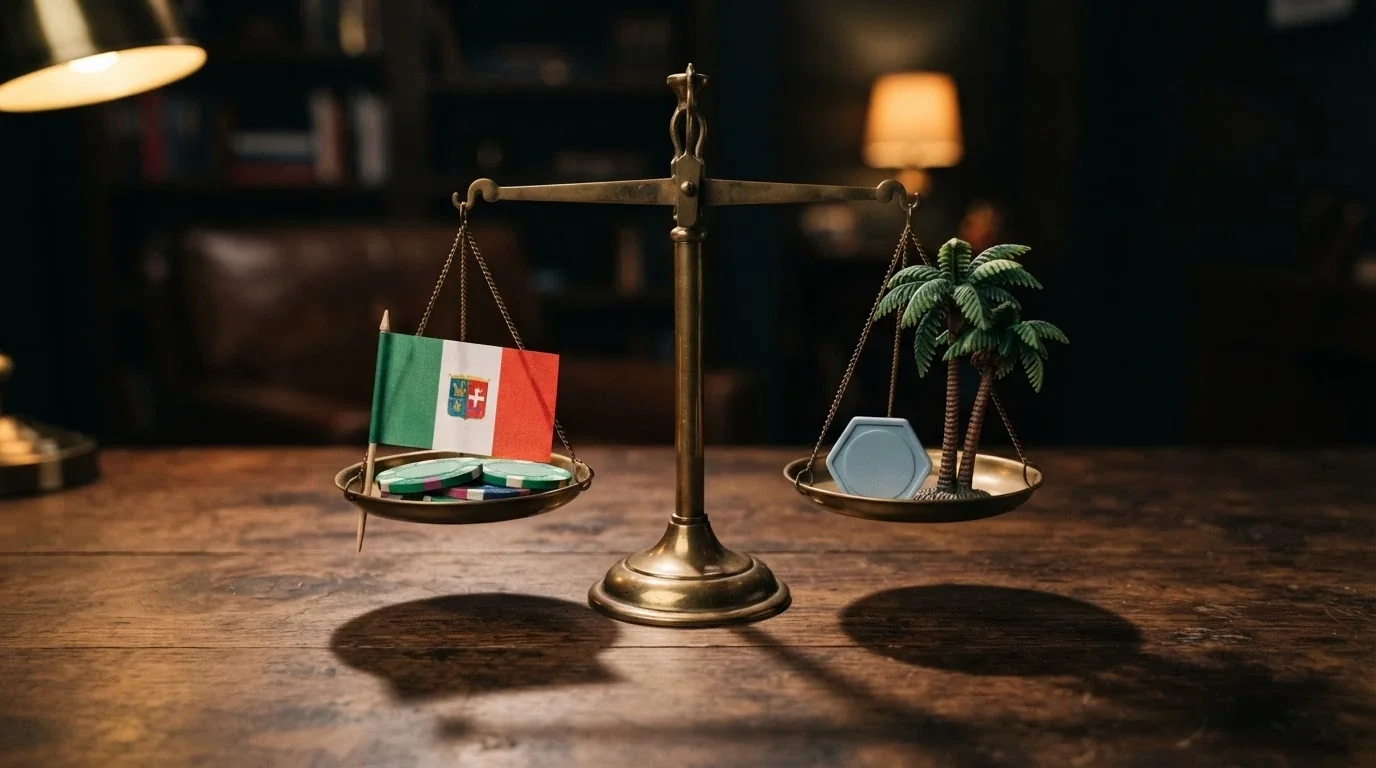 Pedine da gioco su una bilancia a due piatti, uno con bandiera italiana e uno con bandiera di Curaçao