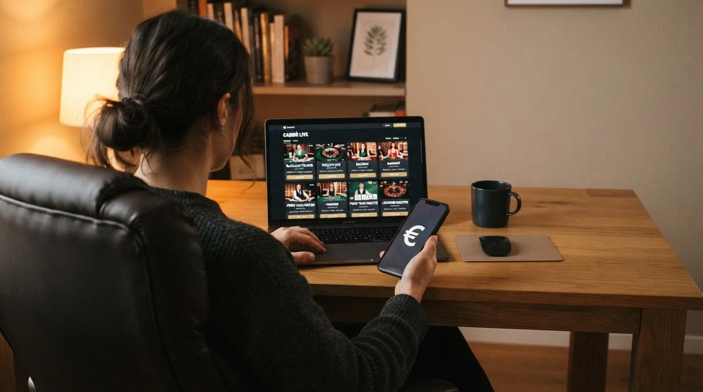 Un giocatore seduto davanti allo schermo con l'interfaccia di un casinò live aperta, lo sguardo riflessivo mentre consulta il telefono, in una stanza ben illuminata