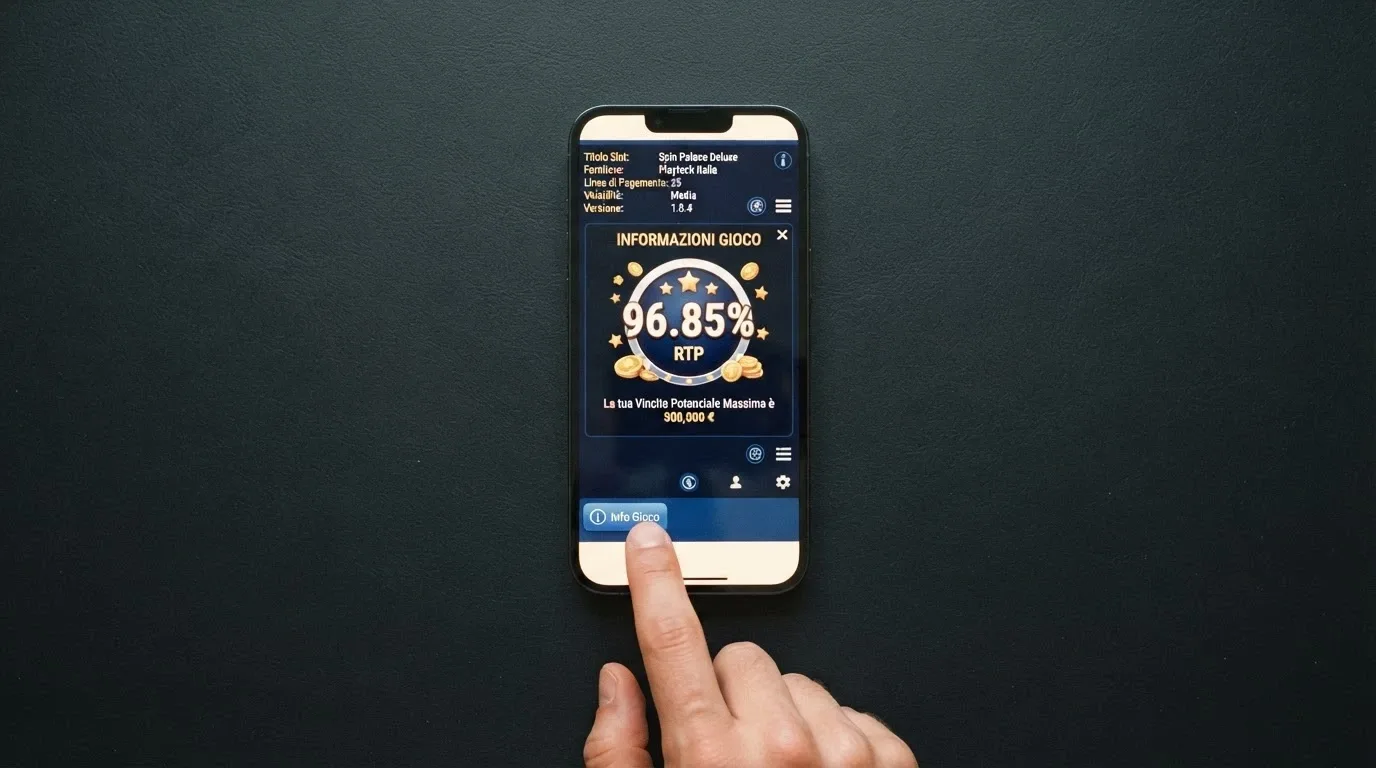 Il dito di un giocatore sullo schermo di uno smartphone mentre tocca l'icona delle informazioni di una slot, con il pannello RTP aperto in sovrimpressione