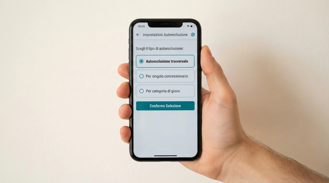 L'interfaccia di un pannello di controllo giocatore con tre opzioni di autoesclusione selezionabili: trasversale, per operatore, per categoria di gioco