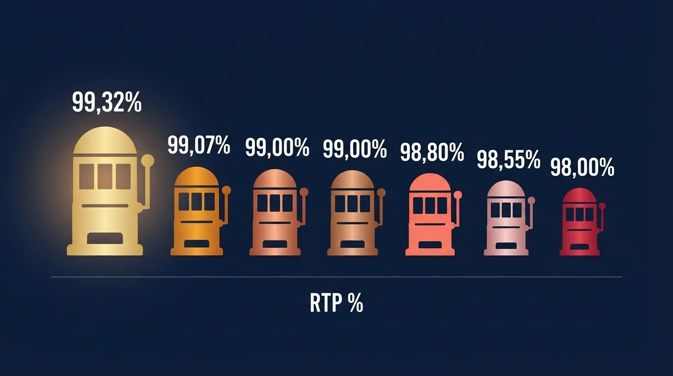 Una griglia visiva con diverse slot machine affiancate, ordinate per RTP decrescente, con l'indicazione della percentuale accanto a ciascuna