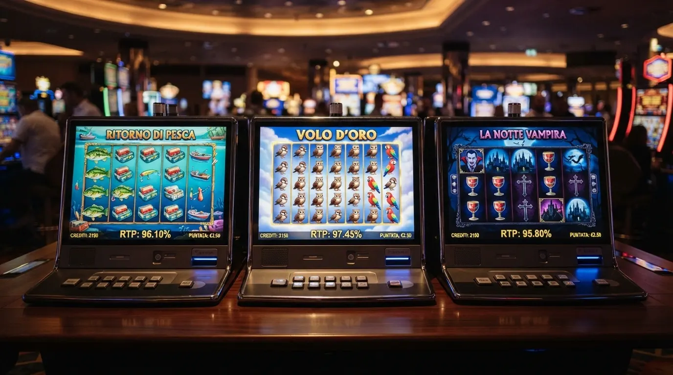 Tre slot machine affiancate in stile illustrativo: Big Bass Bonanza, Pirots 3 e Immortal Romance II, con l'RTP di ciascuna in evidenza sotto il titolo