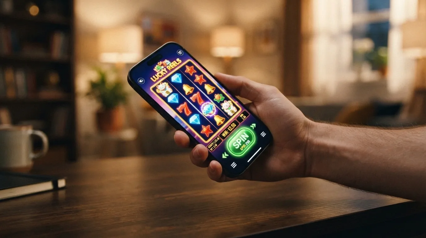 Smartphone che mostra una slot BTG in esecuzione nel browser mobile con interfaccia touch