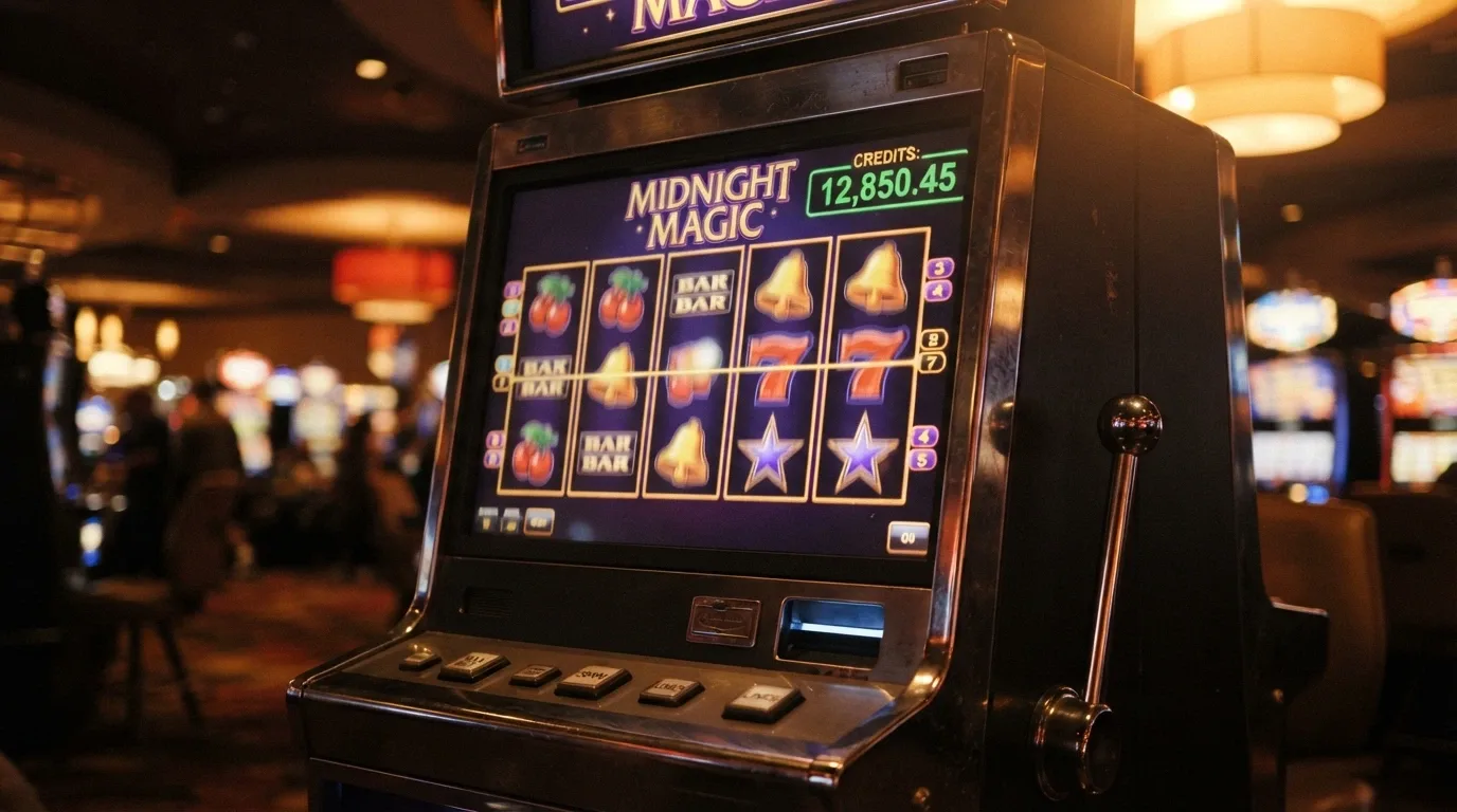 Una schermata di slot machine in modalità demo con il contatore dei crediti virtuali in evidenza e il nome del provider visibile nell'angolo