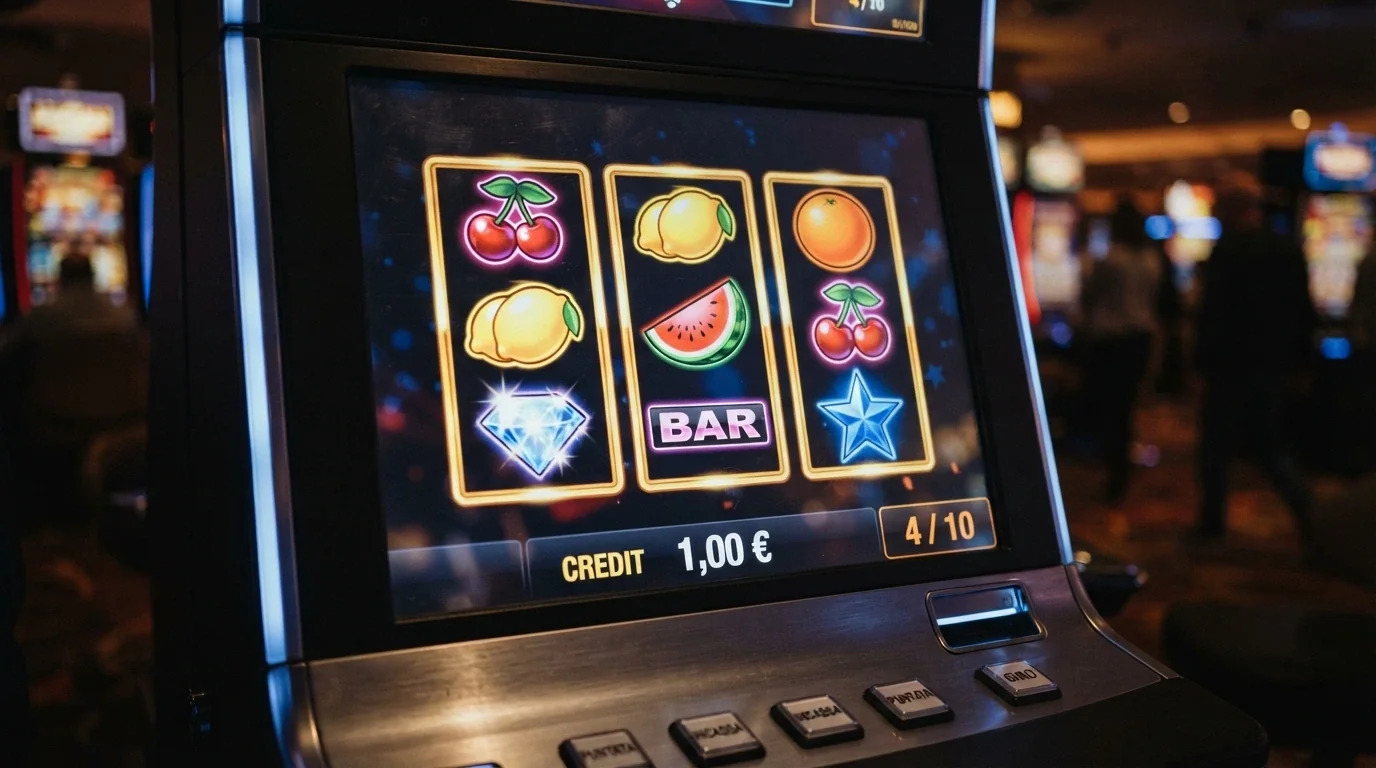 Il rullo di una slot online fermo su un risultato, con un contatore del credito che segna 1,00€ e un contatore giri che segna 4 su 10