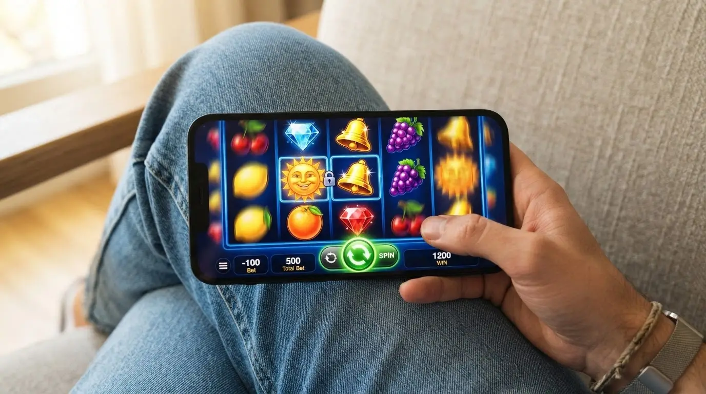 Schermata di una slot Pragmatic Play in esecuzione su iPhone in orientamento orizzontale, con l'interfaccia touch visibile