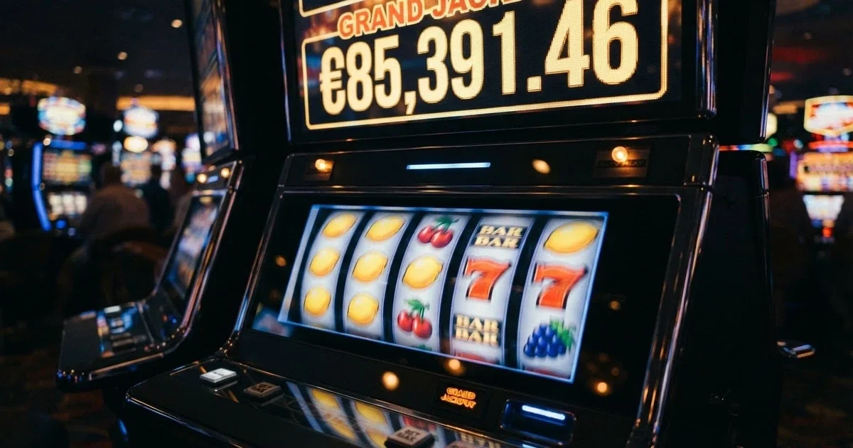 Primo piano di una slot machine digitale con rulli luminosi e il contatore del jackpot progressivo in evidenza, su sfondo scuro da casinò