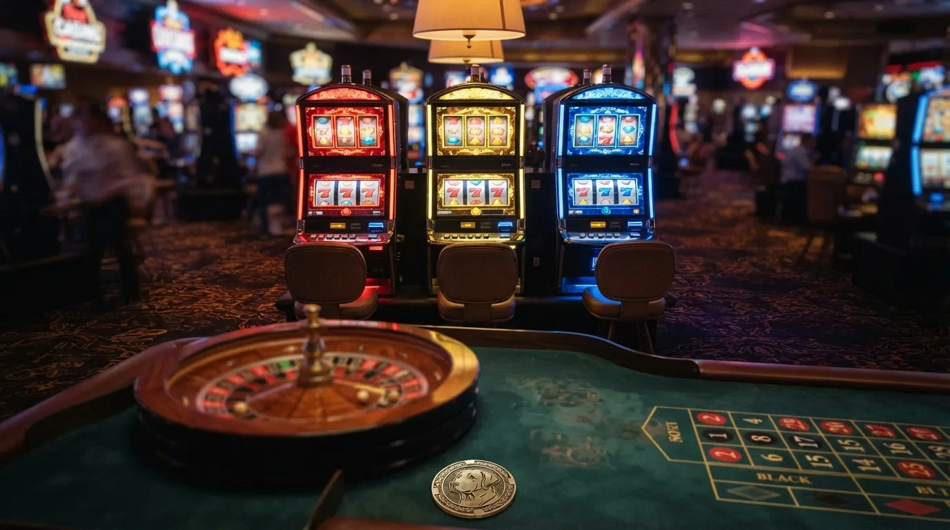 Una griglia di miniature di slot machine colorate con un'icona Dogecoin in primo piano e un tavolo da roulette sullo sfondo