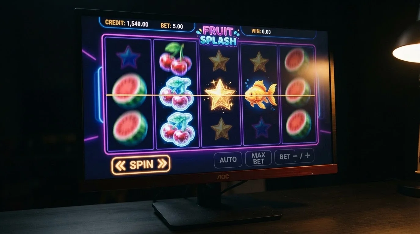 L'interfaccia di una slot machine online con rulli colorati e simboli di frutta e pesci
