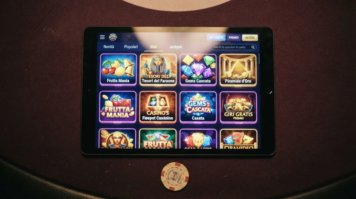 Una selezione di slot machine online di provider diversi (Novomatic, NetEnt, Pragmatic Play) nella lobby di un casinò ADM