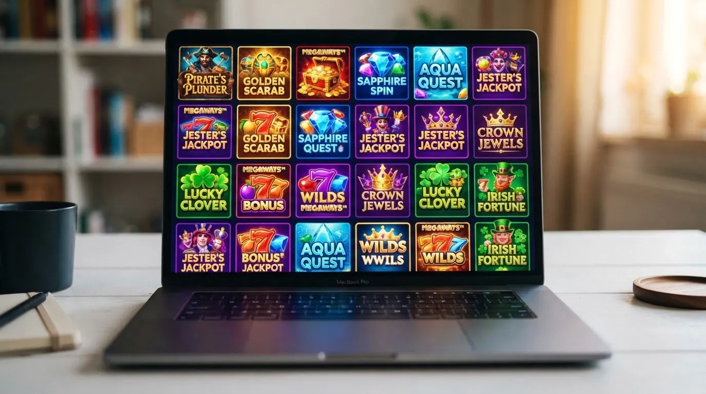 Una griglia colorata di slot machine online in miniatura, con effetti luminosi e titoli in inglese — un catalogo internazionale