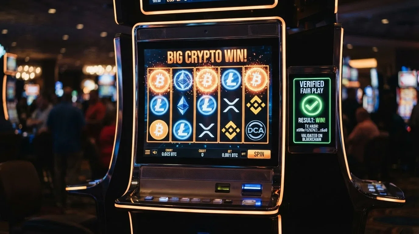 Una slot machine digitale con simboli Bitcoin e il logo «provably fair» in evidenza, affiancata da una schermata di verifica crittografica con hash visibile
