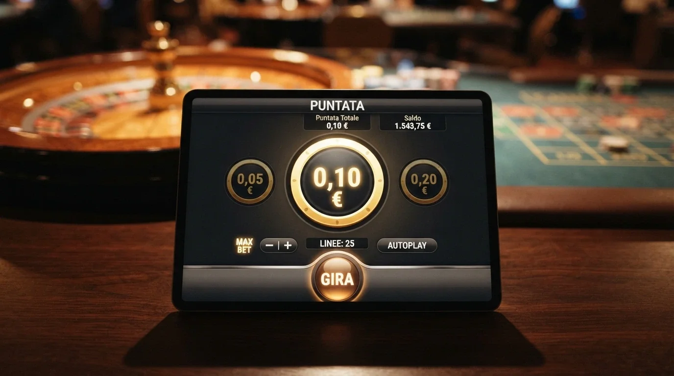 Il dettaglio del pannello di puntata di una slot online con il selettore posizionato su 0,10€, sullo sfondo sfocato una roulette