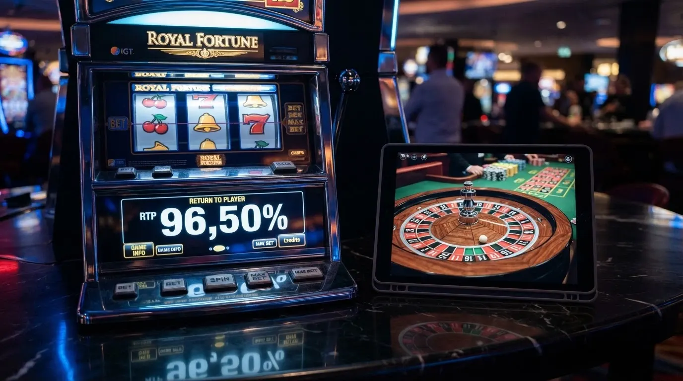 Una slot machine digitale con il pannello delle informazioni aperto che mostra l'RTP 96,50%, affiancata da un tavolo da roulette in live streaming su un tablet