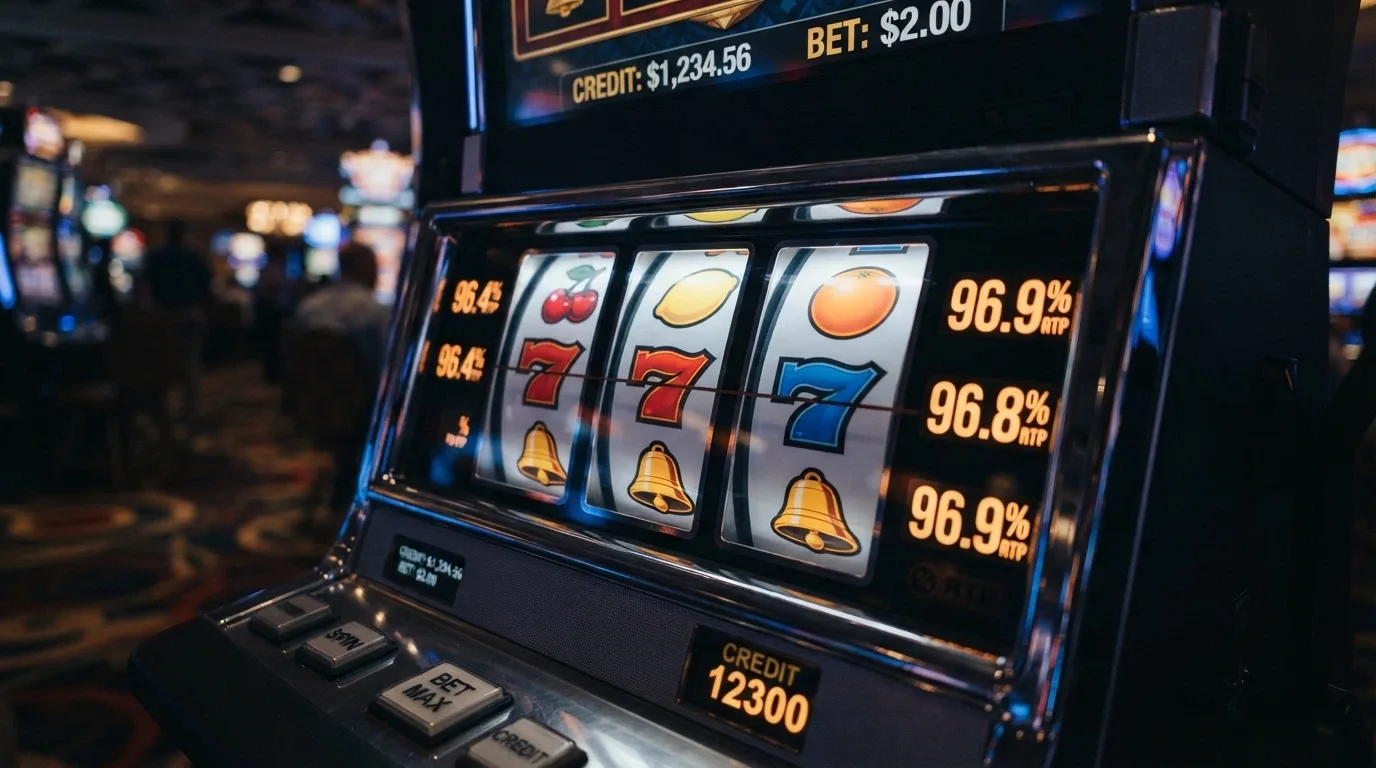 Una griglia di slot machine con le percentuali RTP sovrapposte in evidenza su ciascun titolo