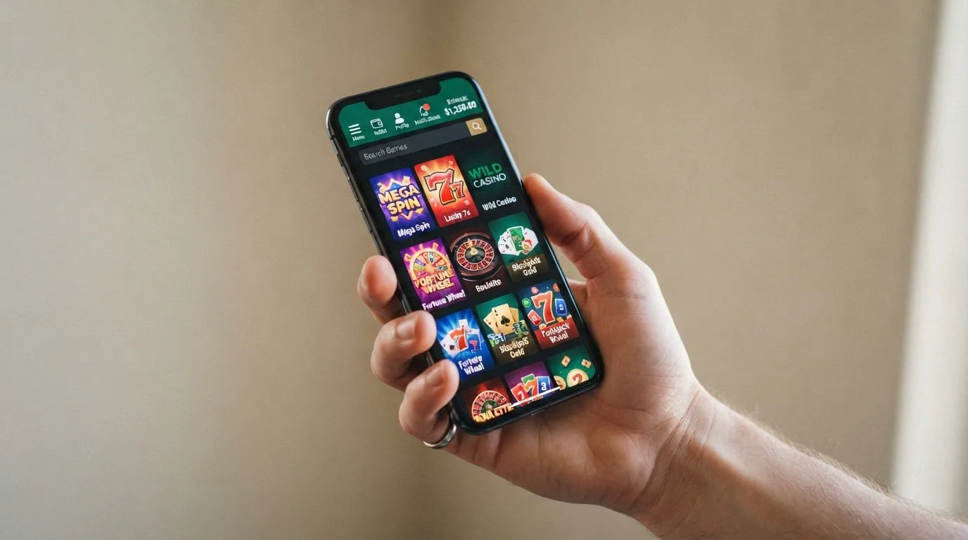 Una mano che tiene uno smartphone con un casinò non AAMS aperto nel browser mobile