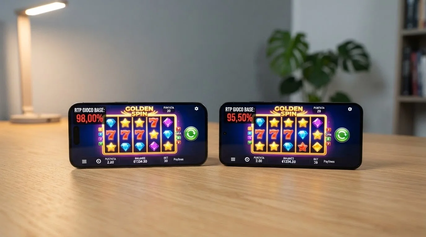 Due schermate affiancate dello stesso titolo di slot su due casinò diversi, con valori RTP differenti evidenziati in rosso