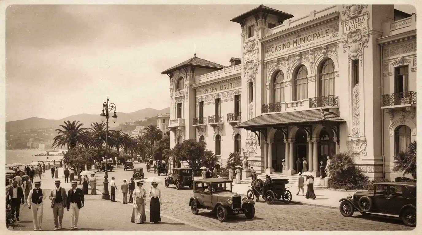 Cartolina storica del Casinò di Sanremo negli anni Venti con la facciata Liberty originale