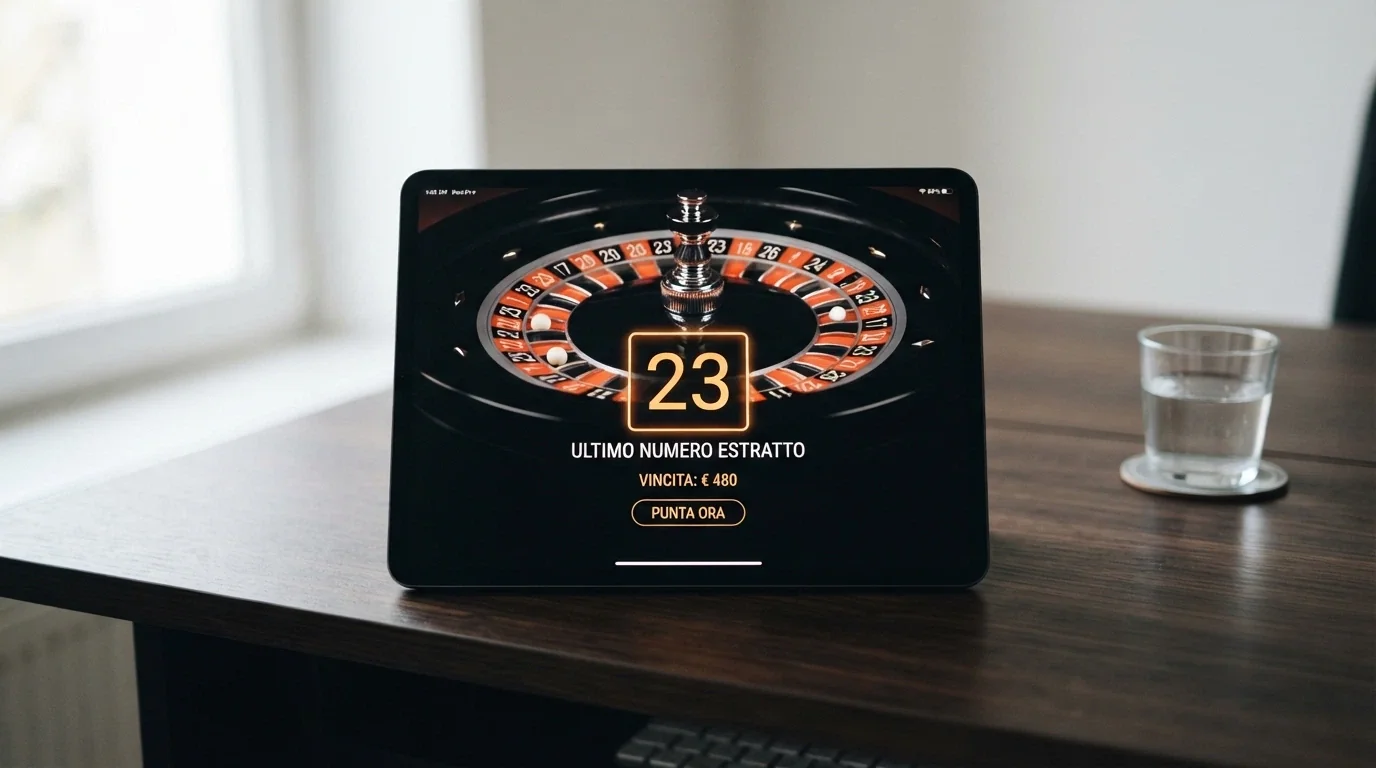 Un dettaglio ravvicinato di uno schermo che mostra il feed di una telecamera HD su una roulette, con l'interfaccia digitale che evidenzia il numero estratto e i dati della puntata